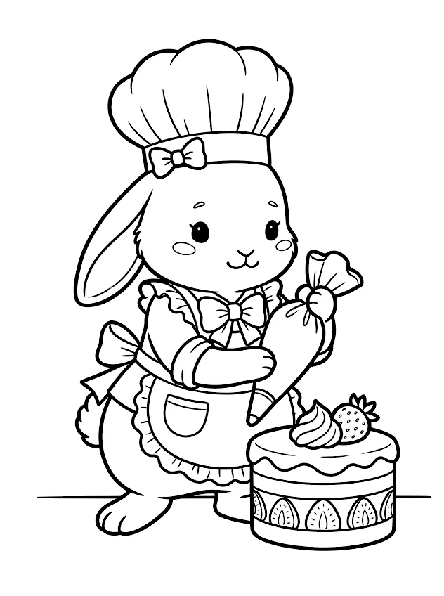 Dibujo en blanco y negro de conejo panadero para colorear, Bella