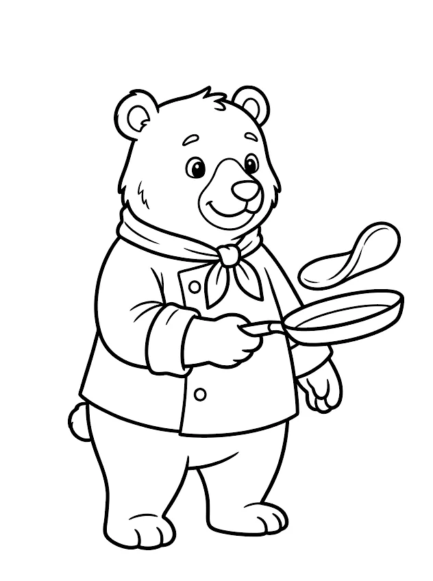 요리사 곰 색칠공부 도안 - 흰 배경의 귀여운 헤드셰프 불곰 흑백 색칠공부 도안 PNG