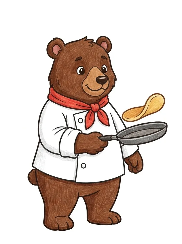 요리사 곰 색칠공부 컬러 예시 - 흰 배경의 귀여운 헤드셰프 불곰 컬러 완성 참고 PNG