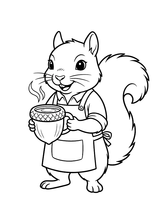 Dibujo en blanco y negro de ardilla barista para colorear, Chester