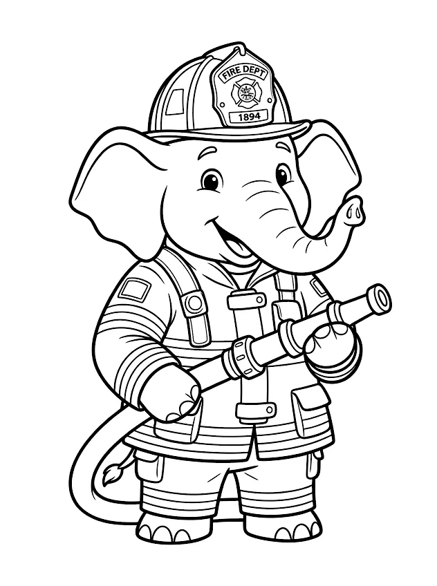 Coloriage éléphant pompier en noir et blanc, Ellie