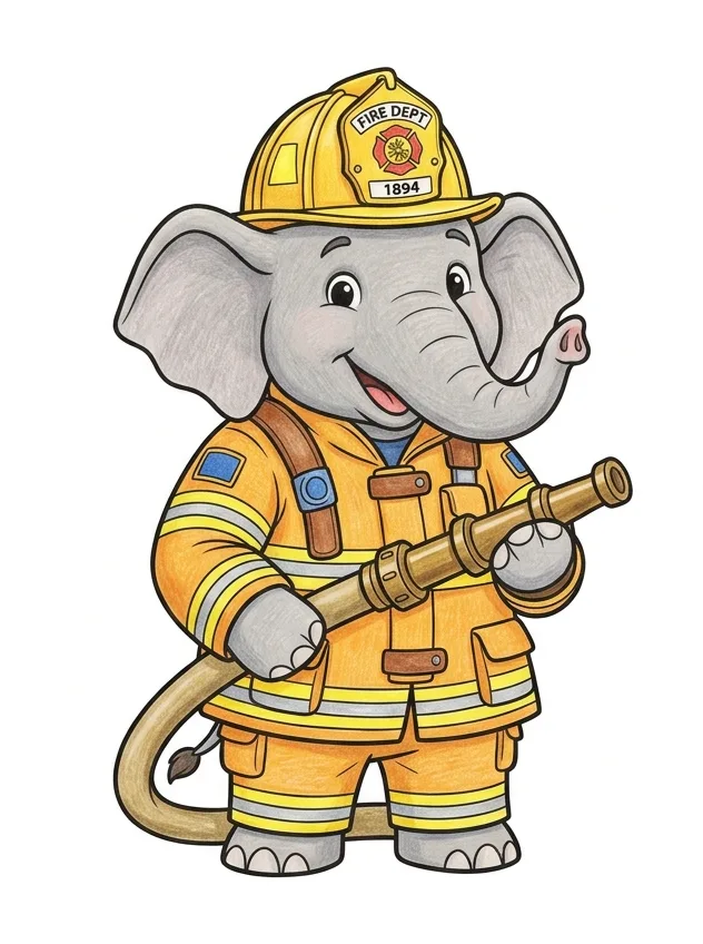 Modèle en couleur du coloriage éléphant pompier, Ellie