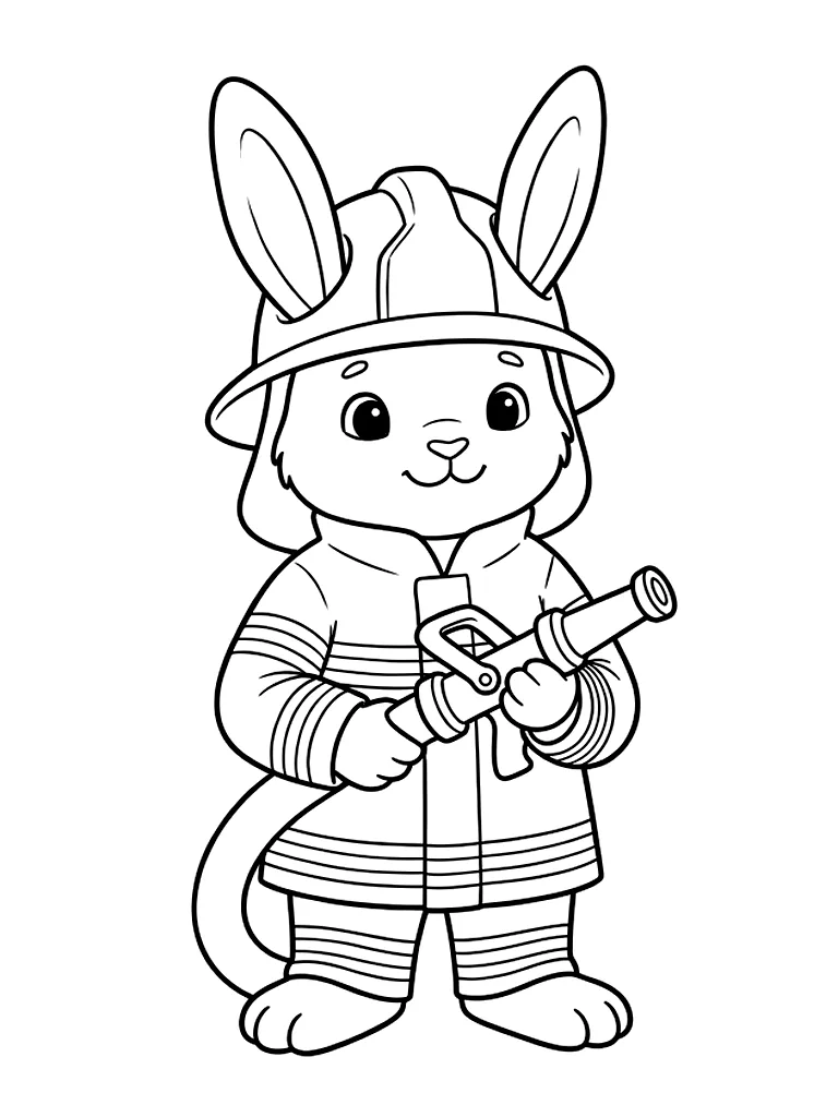 Dibujo en blanco y negro de conejito bombero para colorear