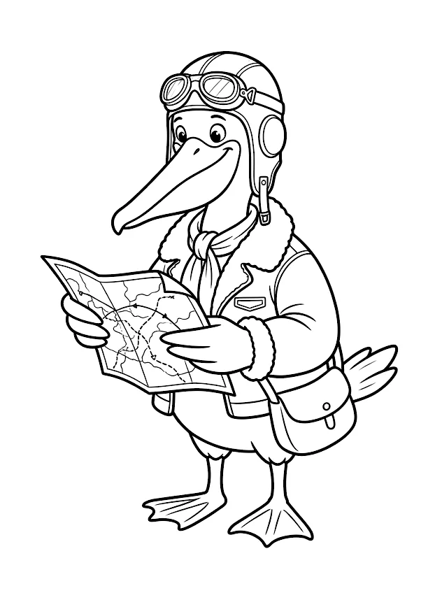 Dibujo en blanco y negro de pelícano piloto para colorear, Percy