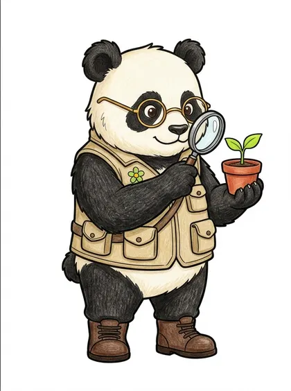 흰 배경의 귀여운 식물학자 판다 컬러 완성 참고 PNG