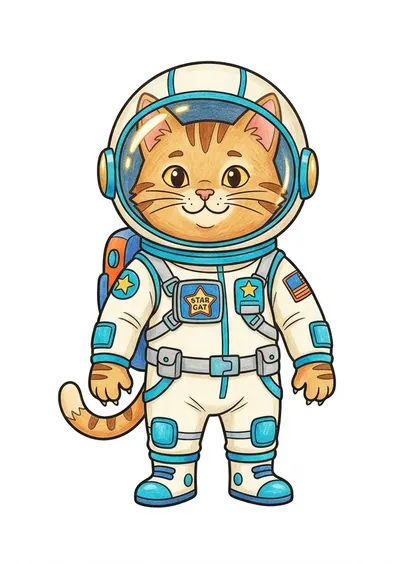 흰 배경의 귀여운 우주비행사 고양이 컬러 완성 참고 PNG