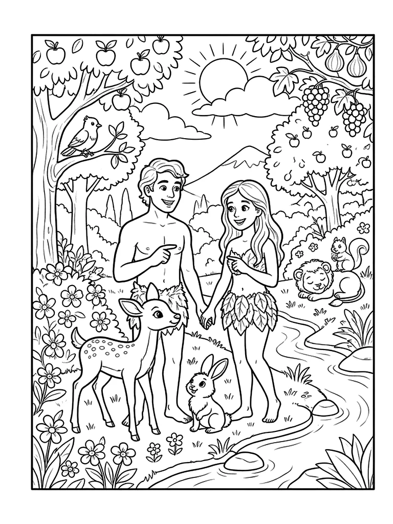 Coloriage Adam et Ève en Éden en noir et blanc
