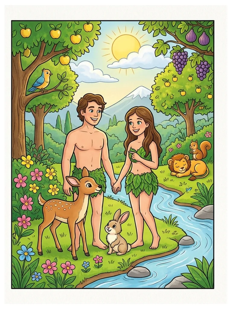 Modèle en couleur du coloriage Adam et Ève en Éden