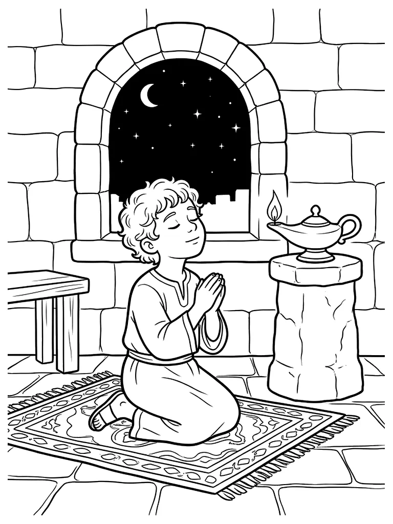 Black-and-white Bible storybook coloring page: Child Samuel's Temple Prayer, kneeling in humble prayer in the peaceful temple room listening to God's calling