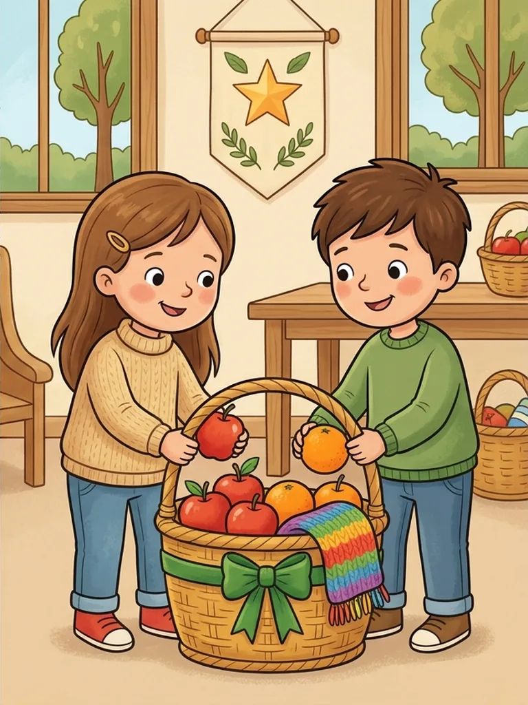 바구니 짚색·오렌지·사과 레드·따뜻한 털실 옐로우 배색으로 칠한 이웃 사랑 성탄 나눔 바구니 컬러 참고본