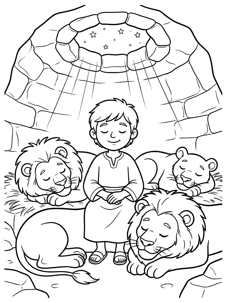 Black-and-white Bible storybook coloring page: Daniel Resting with Gentle Lions, sitting in peaceful prayer as three gentle lions sleep softly around him in the cave