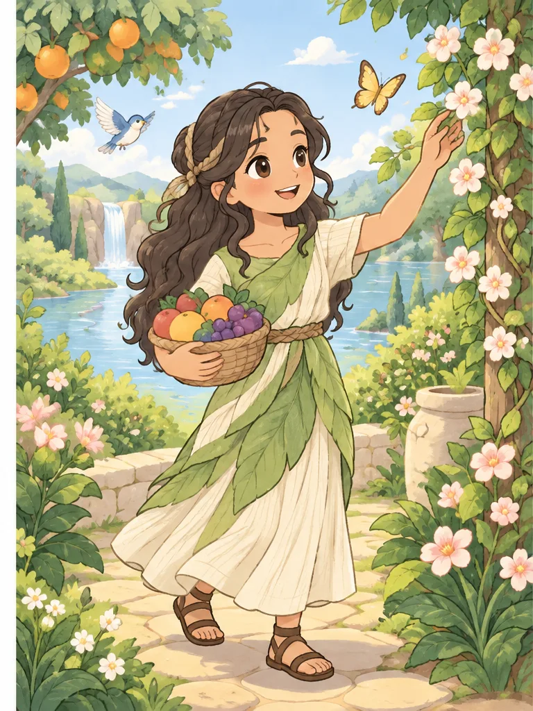 하와 에덴동산 색칠공부 컬러 예시 - 하와 — 에덴동산에서 꽃과 식물을 돌보는 (컬러 완성 참고 장면)
