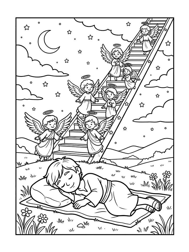 Black-and-white Bible storybook coloring page: Jacob's Ladder Dream, peaceful Jacob sleeping with a stone pillow under golden ladder with gentle angels