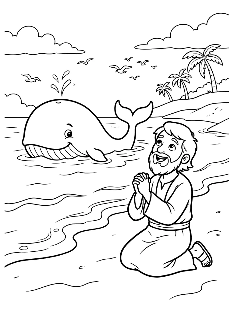 Black-and-white Bible storybook coloring page: Jonah's Grateful Prayer on Shore, kneeling on the sunny beach in joyful prayer with a friendly whale waving tail in the sea