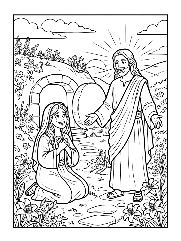 Dibujo en blanco y negro de María Magdalena con Jesús resucitado para colorear