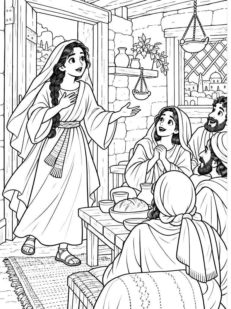 마리아 막달레나 색칠공부 도안 - 왼쪽 흑백 도안과 오른쪽 컬러 장면으로 표현한 마리아 막달레나의 다락방의 친구들에게 기쁜 소식을 전하는 성경 인물 이미지