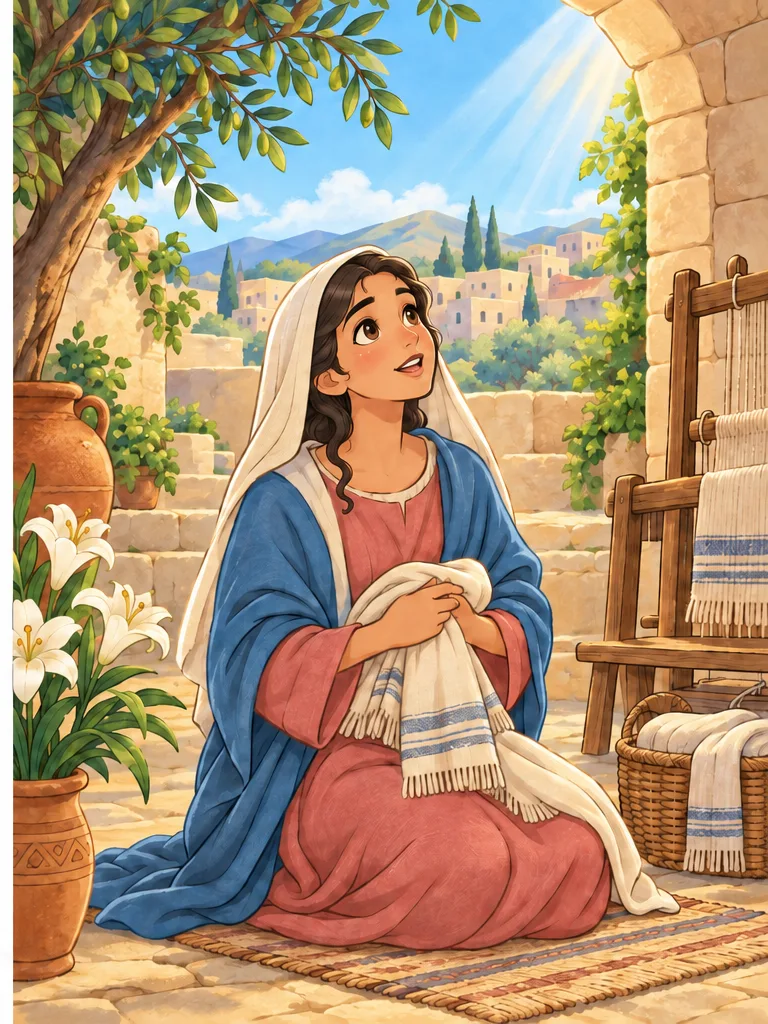 마리아 나사렛 색칠공부 컬러 예시 - 마리아 — 나사렛 안뜰에서 조용한 놀라움에 잠긴 (컬러 완성 참고 장면)