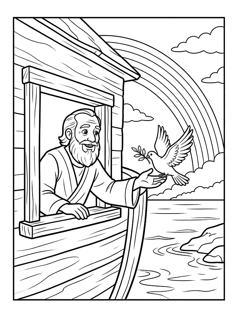 Black-and-white Bible storybook coloring page: Noah and the Olive Branch Dove, welcoming back the pure white dove holding a fresh green olive branch by the ark window under a rainbow
