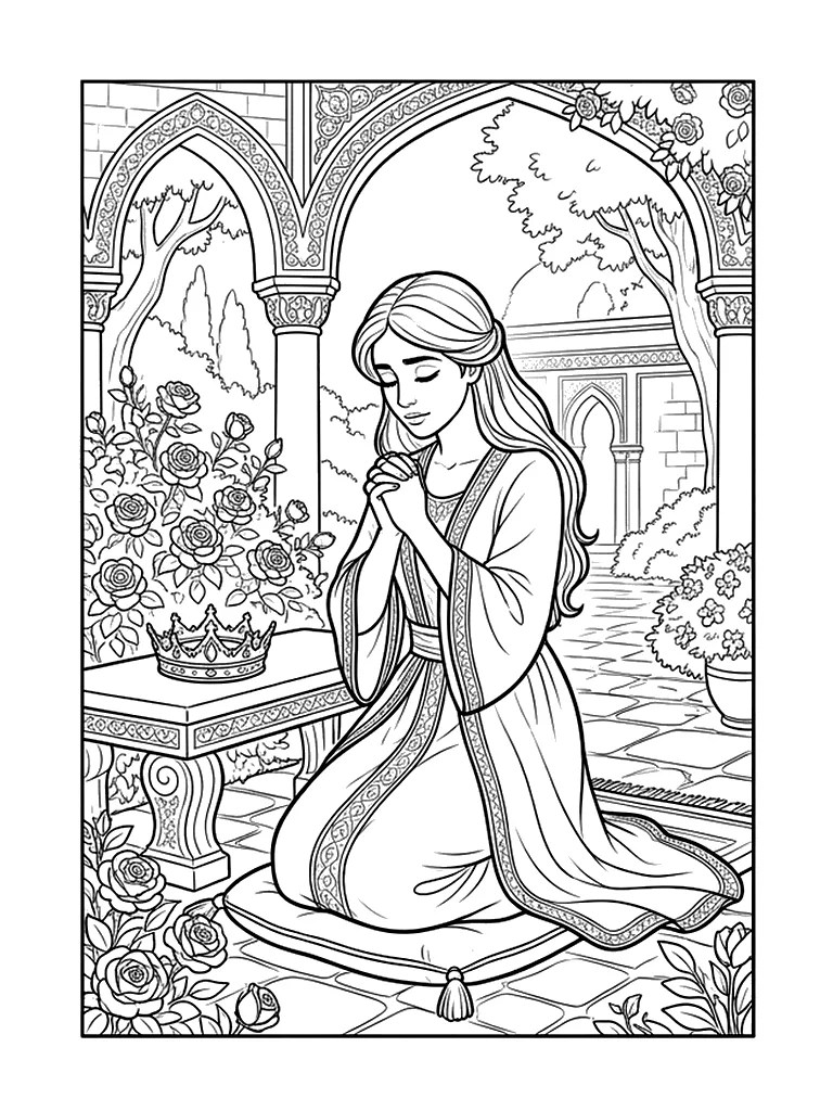 Dibujo en blanco y negro de la oración valiente de la reina Ester para colorear