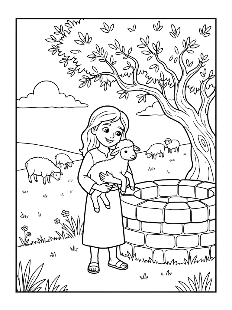 Dibujo en blanco y negro de Raquel, la pastora amable para colorear