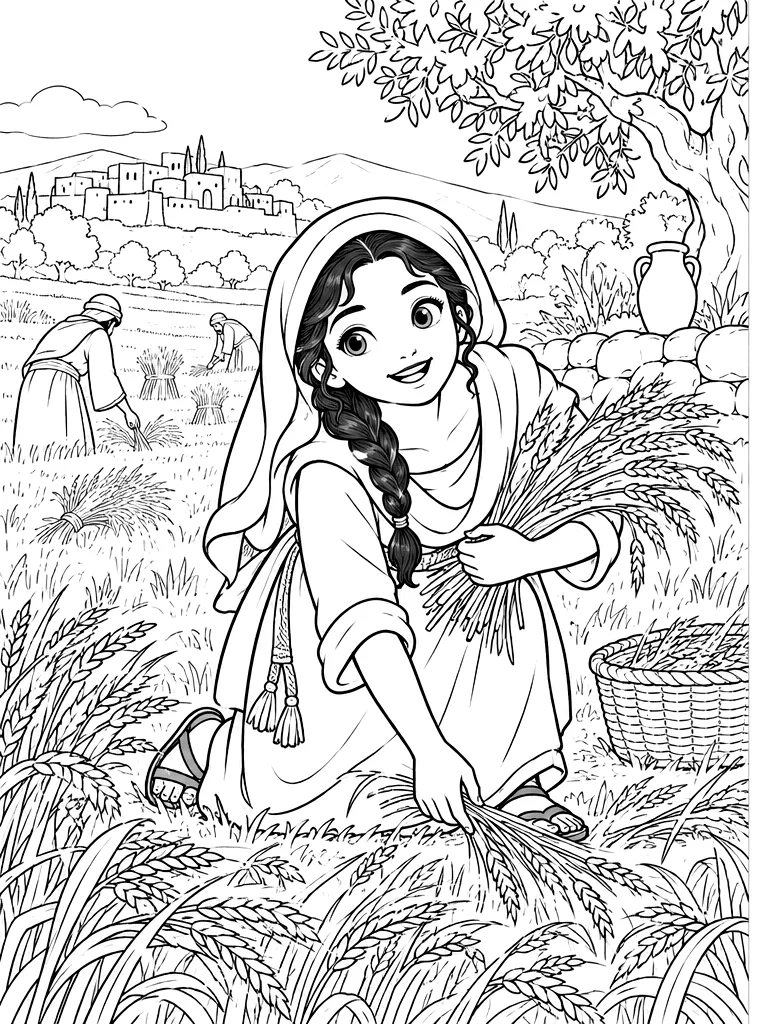 룻 보리밭 색칠공부 도안 - 룻 — 베들레헴 들판에서 보리를 줍는 (흑백 선화 도안)