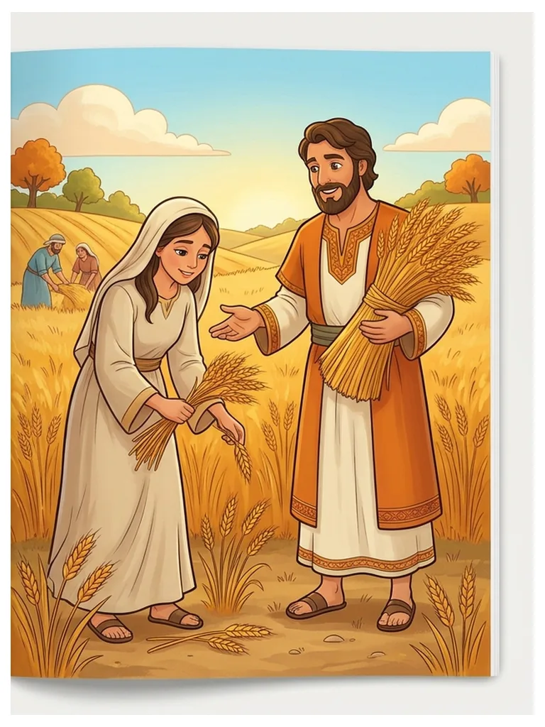 밀밭의 룻과 보아스 성경 동화 장면 컬러 참고본
