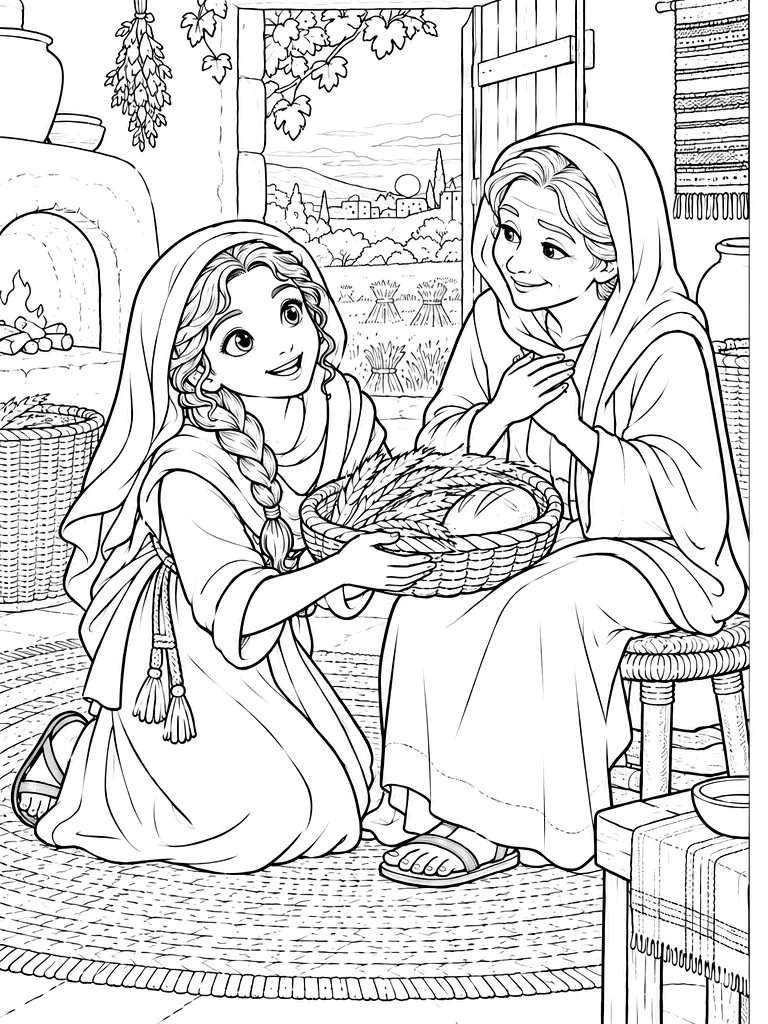 룻 색칠공부 도안 - 왼쪽 흑백 도안과 오른쪽 컬러 장면으로 표현한 룻의 집에서 나오미와 보리와 빵을 나누는 성경 인물 이미지