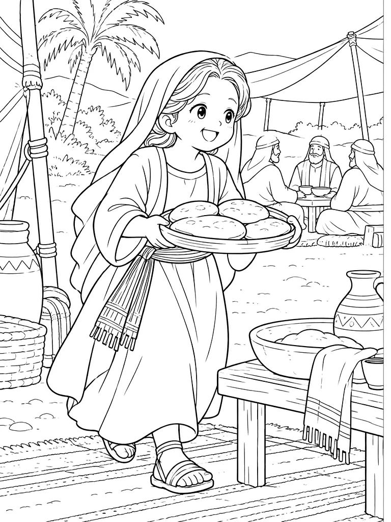 사라 손님맞이 성경 색칠공부 도안 - 사라 — 손님을 맞는 천막 뜰에서 빵을 나르는 (흑백 선화 도안)
