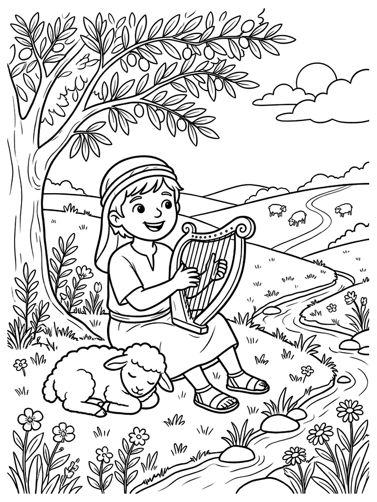 Coloriage jeune berger David jouant de la harpe en noir et blanc