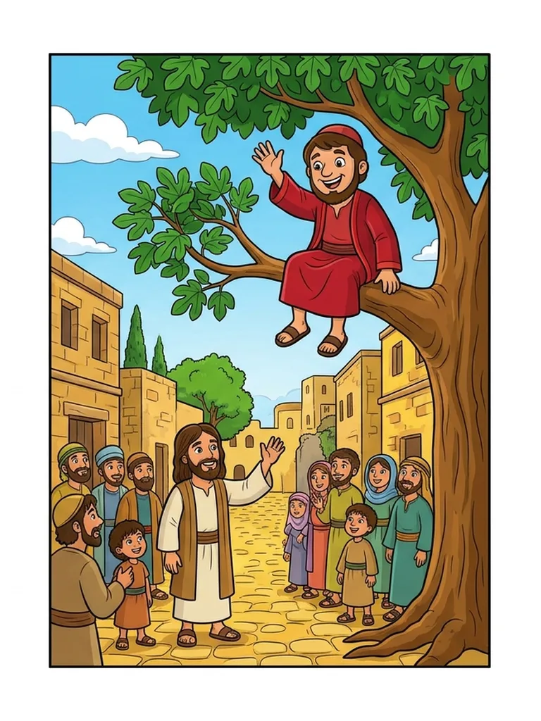 돌무화과나무 위의 삭개오 성경 동화 장면 컬러 참고본