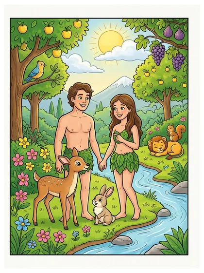 에덴 동산의 아담과 하와 성경 동화 장면 컬러 참고본