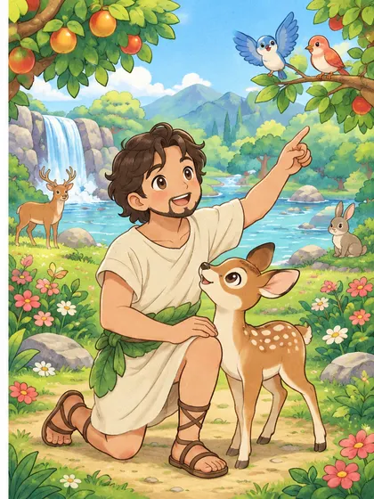 아담 에덴동산 색칠공부 컬러 예시 - 아담 — 에덴동산에서 동물을 돌보는 (컬러 완성 참고 장면)