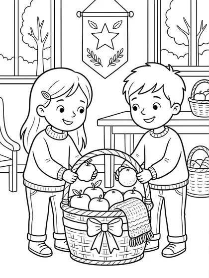 ご近所へ届けるクリスマスの愛のバスケットの白黒ぬりえ線画