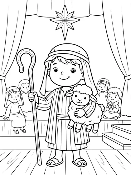 クリスマス発表会のやさしい羊飼いの白黒ぬりえ線画