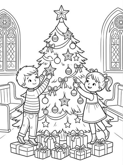 教会のクリスマスツリーの飾りつけの白黒ぬりえ線画