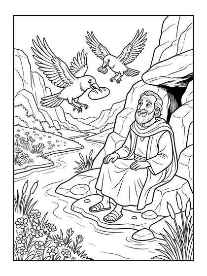 Black-and-white Bible storybook coloring page: Elijah and the Friendly Ravens, resting by Cherith brook as friendly ravens fly in with warm bread loaves