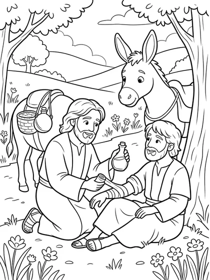 Dibujo en blanco y negro de un samaritano ayudando a un viajero para colorear
