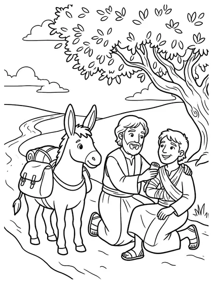 Coloriage bon Samaritain et l’âne en noir et blanc