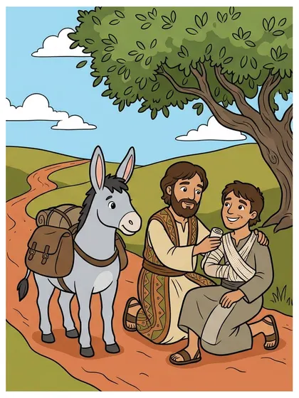 Modelo en color de el buen samaritano y el burro para colorear