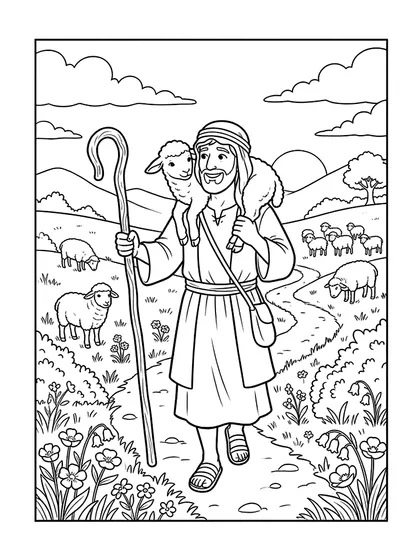 Dibujo en blanco y negro de el buen pastor con la oveja encontrada para colorear