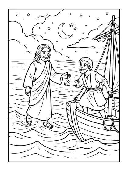 Coloriage Jésus marchant sur l’eau avec Pierre en noir et blanc