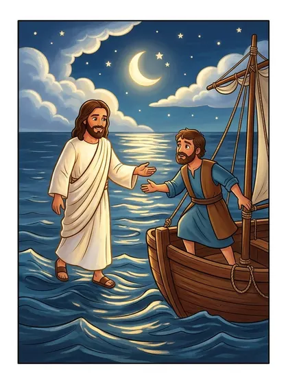 Modelo en color de Jesús caminando sobre el agua con Pedro para colorear