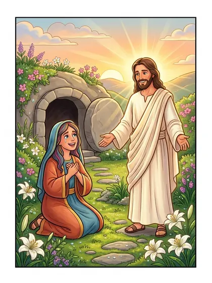 Modelo en color de María Magdalena con Jesús resucitado para colorear