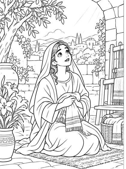 마리아 나사렛 색칠공부 도안 - 마리아 — 나사렛 안뜰에서 조용한 놀라움에 잠긴 (흑백 선화 도안)