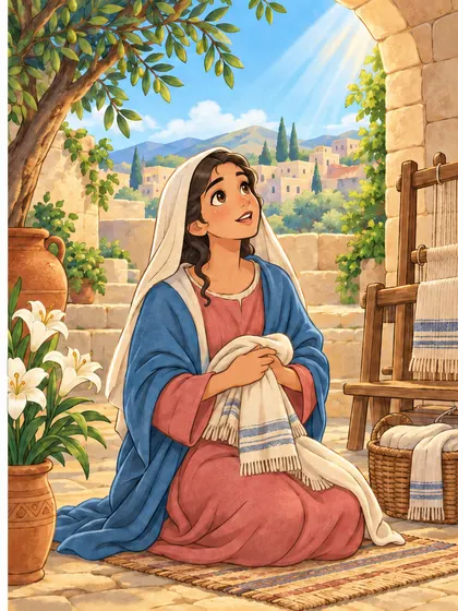 마리아 나사렛 색칠공부 컬러 예시 - 마리아 — 나사렛 안뜰에서 조용한 놀라움에 잠긴 (컬러 완성 참고 장면)