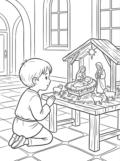 馬小屋のモデルを見つめるふしぎな時間の白黒ぬりえ線画