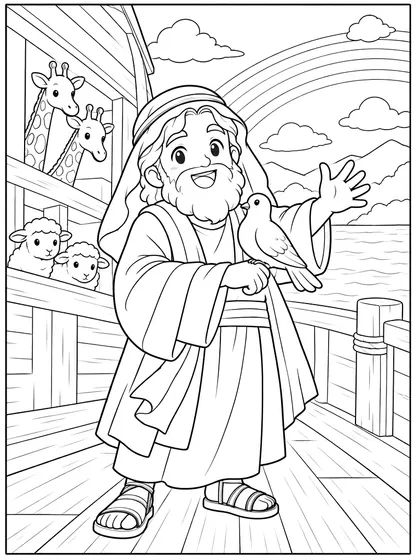 ノアの箱舟と虹の白黒ぬりえ線画