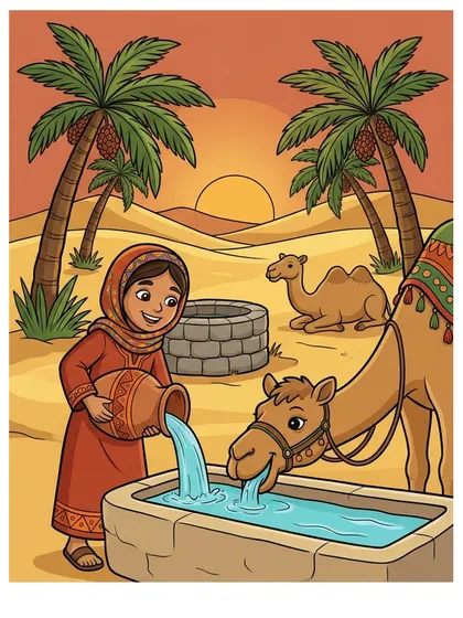 Modelo en color de Rebeca dando agua a los camellos para colorear