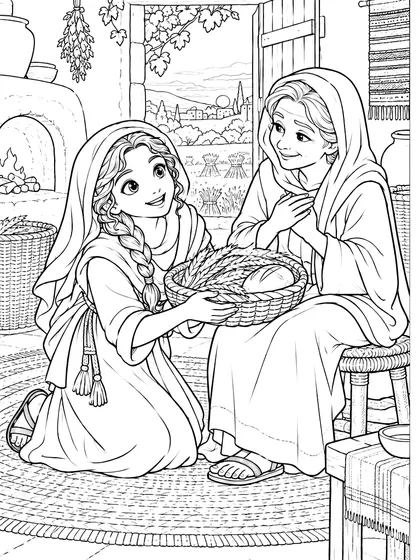 룻 색칠공부 도안 - 왼쪽 흑백 도안과 오른쪽 컬러 장면으로 표현한 룻의 집에서 나오미와 보리와 빵을 나누는 성경 인물 이미지