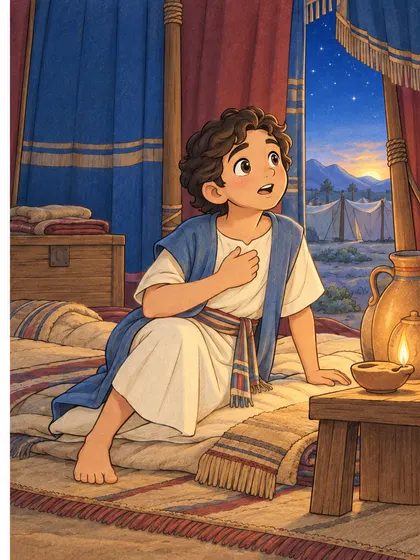 어린 사무엘 성막 색칠공부 컬러 예시 - 사무엘 — 성막의 등불 곁에서 조용히 귀 기울이는 (컬러 완성 참고 장면)